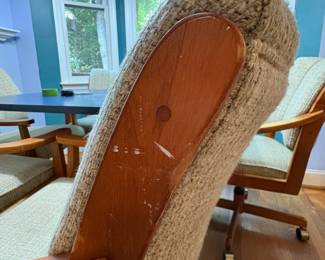 O5 - $240. Set of 6 Upholstered, Rolling Dining Chairs. Each Chair Measures 27" W x 28" D x floor to seat 18" x floor to back 35" Tall.