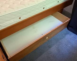 O39 - $250. Queen Platform Bed Frame - Made in Canada. Teak Veneer. Has 2 drawers underneath. This includes Platform Bed Frame, Headboard & Floating Shelf. Measures 64” W x 82.5“ L x 31” Tall.