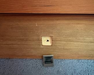 O39 - $250. Queen Platform Bed Frame - Made in Canada. Teak Veneer. Has 2 drawers underneath. This includes Platform Bed Frame, Headboard & Floating Shelf. Measures 64” W x 82.5“ L x 31” Tall.