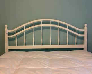 O21 - $125. White Queen Wood Headboard with Frame. Mattress is clean and come with it if you want it. Measures 61.75” W x 47.75” Tall.
