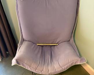 O23 - $125. Howard Elliott Lavender Scroll Puff Butterfly Rocker and Ottoman. Measures 36” W x 32” D x 42” Tall.