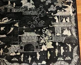 O124 - $850. Antique Kang Table. (Possibly Late Ming-early Qing Dynasty. 17th - 18th Century) Mother of Pearl Inlaid Black Lacquer Low Table. Measures 25" W x 14.5" D x 8.5" Tall.
