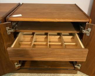 O14 - $75 PAIR. 1980's Media Cabinets by Custom Woodwork & Design (CWD). Cabinet with Glass Doors Measures 30.5” W x 20” D x 22.5” Tall. Cabinet with Wood Doors Measures 24” W x 19” D x 22.5” Tall.