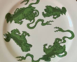 O110 - $400. Set of Wedgwood "Chinese Tigers" Green China. 1 - Coffee Pot, 1 Tea Pot (has a crack), 1 - Saucer, 1 - Trinket Dish, 1 - Cream and Sugar, 3 - Tea Cups, 3 - 8.25" Plates