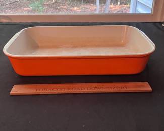 O118 - $45. Le Creuset Flame Orange 15” x 10” Iron Roasting Pan.