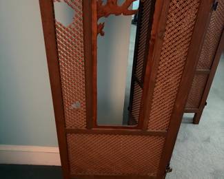 O139 - $40. Asian Style Bamboo Screen with Birds. Measures 73" W x 1" D x 68" Tall. SEE PHOTOS OF DAMAGE.