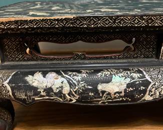 O124 - $850. Antique Kang Table. (Possibly Late Ming-early Qing Dynasty. 17th - 18th Century) Mother of Pearl Inlaid Black Lacquer Low Table. Measures 25" W x 14.5" D x 8.5" Tall.