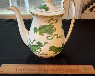 O110 - $400. Set of Wedgwood "Chinese Tigers" Green China. 1 - Coffee Pot, 1 Tea Pot (has a crack), 1 - Saucer, 1 - Trinket Dish, 1 - Cream and Sugar, 3 - Tea Cups, 3 - 8.25" Plates