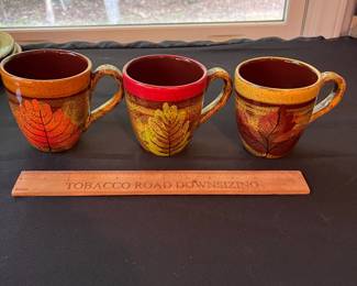 O104 - $30. Set of Vietre Autumn Fall Leaves Plates and Mugs. 3 - 8.5" Plates and 3 - Mugs 4" tall.