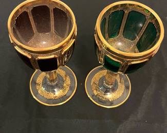 O6 - $1250. Antique Bohemian or Moser-style cut-to-clear glass decanter and cordial set with ornate gold gilding. 2 Tall Wine Glasses. 5 Champagne Coupe. Decanter & Stopper. One glass has a *tiny* chip in the base. All other pieces are in excellent condition!