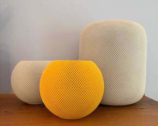 O138 - $175. Set of 3 Apple Homepods 1st Generation. Lg White Model A1639, Mini White Model A2374, Mini Yellow Model A2374.