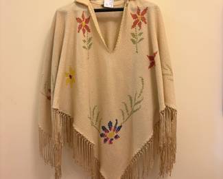 O73 - $50. Vintage “Lopez” Handmade Hooded Poncho 100% Wool. One size.