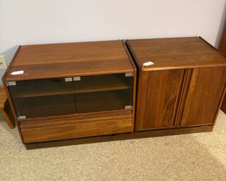 O14 - $75 PAIR. 1980's Media Cabinets by Custom Woodwork & Design (CWD). Cabinet with Glass Doors Measures 30.5” W x 20” D x 22.5” Tall. Cabinet with Wood Doors Measures 24” W x 19” D x 22.5” Tall.