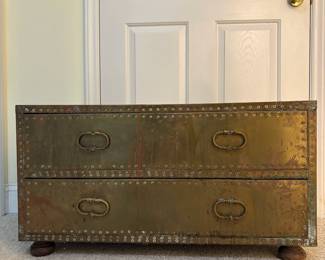 O134 - $40. Vintage Sarreid Brass Chest with 2 Drawers. Measures 34.25" W x 19.5" D x 18.5" Tall.