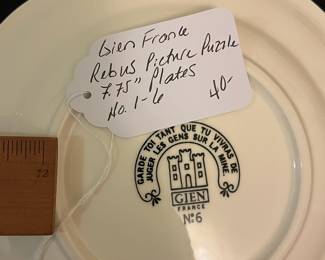 O98 - $40. Set of 6 Gien France Rebus Picture Puzzle 7.75” Plates. No. 1 - 6.