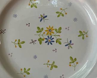 O109 - $275. Set of Longchamp "Printemps" Pottery. 9 - 10" Dinner Plates, 9 - 7.5" Salad Plates, 11 - 6.75" Desert Plates, 11 - 6.25" Saucers, 7 - Tea Cups, 1 Gravy Boat, 1 Sugar Dish.