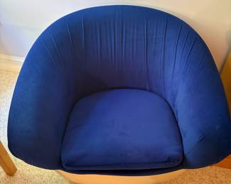 O18 - $25. Vintage Blue Velvet Swivel Arm Chair with Yellow Base (needs some paint or covering where the seat meets the base). Measures 30“ W x 28” D x 23” Tall.