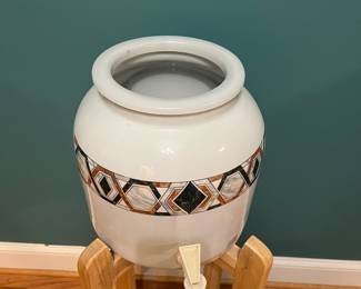 O122 - $45. Blue Wave excess Water Crock with Stand. Crock Holds 2.2 Gallons. Stand Measures 27" Tall.