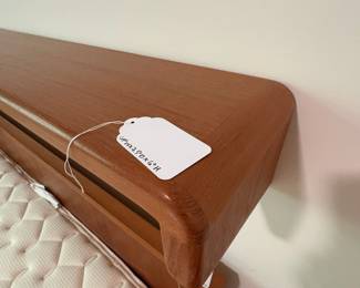 O39 - $250. Queen Platform Bed Frame - Made in Canada. Teak Veneer. Has 2 drawers underneath. This includes Platform Bed Frame, Headboard & Floating Shelf. Measures 64” W x 82.5“ L x 31” Tall.