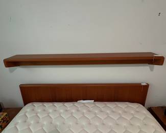 O39 - $250. Queen Platform Bed Frame - Made in Canada. Teak Veneer. Has 2 drawers underneath. This includes Platform Bed Frame, Headboard & Floating Shelf. Measures 64” W x 82.5“ L x 31” Tall.