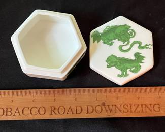 O110 - $400. Set of Wedgwood "Chinese Tigers" Green China. 1 - Coffee Pot, 1 Tea Pot (has a crack), 1 - Saucer, 1 - Trinket Dish, 1 - Cream and Sugar, 3 - Tea Cups, 3 - 8.25" Plates