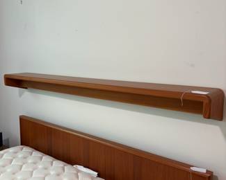 O39 - $250. Queen Platform Bed Frame - Made in Canada. Teak Veneer. Has 2 drawers underneath. This includes Platform Bed Frame, Headboard & Floating Shelf. Measures 64” W x 82.5“ L x 31” Tall.