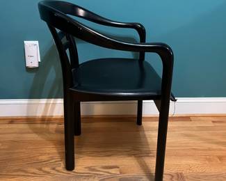 O123 - $75. Pair of Black chairs. Leather Seats. Each Measures 22.5" W x 19" D x floor to seat 17" x floor to back 28" Tall. Both show signs of wear and one seat is damaged on a corner.