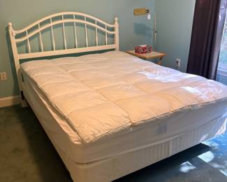 O21 - $125. White Queen Wood Headboard with Frame. Mattress is clean and come with it if you want it. Measures 61.75” W x 47.75” Tall.