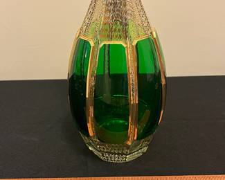 O6 - $1250. Antique Bohemian or Moser-style cut-to-clear glass decanter and cordial set with ornate gold gilding. 2 Tall Wine Glasses. 5 Champagne Coupe. Decanter & Stopper. One glass has a *tiny* chip in the base. All other pieces are in excellent condition!