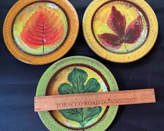 O104 - $30. Set of Vietre Autumn Fall Leaves Plates and Mugs. 3 - 8.5" Plates and 3 - Mugs 4" tall.