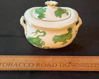 O110 - $400. Set of Wedgwood "Chinese Tigers" Green China. 1 - Coffee Pot, 1 Tea Pot (has a crack), 1 - Saucer, 1 - Trinket Dish, 1 - Cream and Sugar, 3 - Tea Cups, 3 - 8.25" Plates