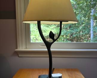 O17 - $20. Pottery Barn Iron Branch Lamp. Measures 25” Tall. Shade has a few spots.