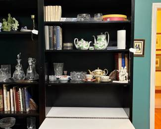 O34 - $225 PAIR. Bookshelf Measures 38.5” W x 15.25” D x 84” Tall. Bookshelf with Dry Bar Measures 38.25” W x 15.25” D x 84” Tall. Pieces are in Good/ Fair condition. Shows general wear but still sturdy.
