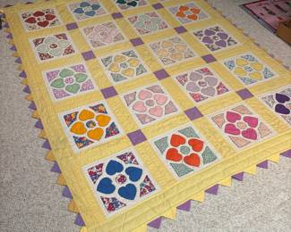 O60 - $75. Vintage Handmade Heart Box Quilt with Prairie Edge. Quilt Measures 67” W x 84” L.