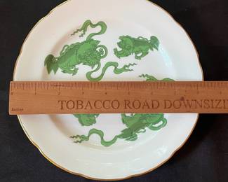 O110 - $400. Set of Wedgwood "Chinese Tigers" Green China. 1 - Coffee Pot, 1 Tea Pot (has a crack), 1 - Saucer, 1 - Trinket Dish, 1 - Cream and Sugar, 3 - Tea Cups, 3 - 8.25" Plates
