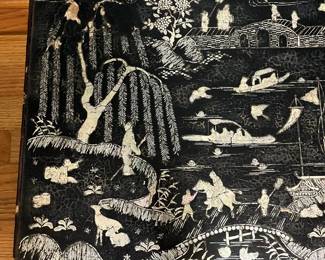 O124 - $850. Antique Kang Table. (Possibly Late Ming-early Qing Dynasty. 17th - 18th Century) Mother of Pearl Inlaid Black Lacquer Low Table. Measures 25" W x 14.5" D x 8.5" Tall.
