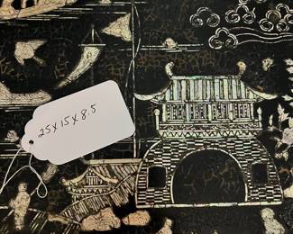 O124 - $850. Antique Kang Table. (Possibly Late Ming-early Qing Dynasty. 17th - 18th Century) Mother of Pearl Inlaid Black Lacquer Low Table. Measures 25" W x 14.5" D x 8.5" Tall.