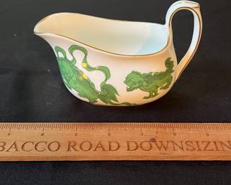 O110 - $400. Set of Wedgwood "Chinese Tigers" Green China. 1 - Coffee Pot, 1 Tea Pot (has a crack), 1 - Saucer, 1 - Trinket Dish, 1 - Cream and Sugar, 3 - Tea Cups, 3 - 8.25" Plates