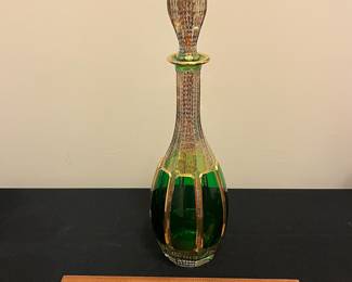 O6 - $1250. Antique Bohemian or Moser-style cut-to-clear glass decanter and cordial set with ornate gold gilding. 2 Tall Wine Glasses. 5 Champagne Coupe. Decanter & Stopper. One glass has a *tiny* chip in the base. All other pieces are in excellent condition!