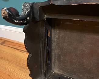 O124 - $850. Antique Kang Table. (Possibly Late Ming-early Qing Dynasty. 17th - 18th Century) Mother of Pearl Inlaid Black Lacquer Low Table. Measures 25" W x 14.5" D x 8.5" Tall.