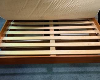 O39 - $250. Queen Platform Bed Frame - Made in Canada. Teak Veneer. Has 2 drawers underneath. This includes Platform Bed Frame, Headboard & Floating Shelf. Measures 64” W x 82.5“ L x 31” Tall.