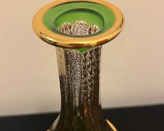 O6 - $1250. Antique Bohemian or Moser-style cut-to-clear glass decanter and cordial set with ornate gold gilding. 2 Tall Wine Glasses. 5 Champagne Coupe. Decanter & Stopper. One glass has a *tiny* chip in the base. All other pieces are in excellent condition!
