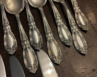 S1 - $7,500. Towle Sterling Flatware Set. 15 of each Dinner Knives, Dinner Forks, Salad Forks, Dessert Spoons. 8 of each Butter Knife, Dinner Spoon. Plus Serving Pieces. Text for Weight.