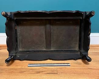 O124 - $850. Antique Kang Table. (Possibly Late Ming-early Qing Dynasty. 17th - 18th Century) Mother of Pearl Inlaid Black Lacquer Low Table. Measures 25" W x 14.5" D x 8.5" Tall.