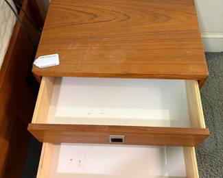 O40 - $150. Pair of Side Tables with Teak Veneer. Each Measures 19” W x 16” D x 17” Tall. Both have water rings / signs of use on the top. Sturdy and drawers all work.