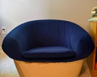O18 - $25. Vintage Blue Velvet Swivel Arm Chair with Yellow Base (needs some paint or covering where the seat meets the base). Measures 30“ W x 28” D x 23” Tall.