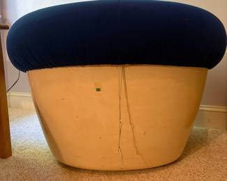 O18 - $25. Vintage Blue Velvet Swivel Arm Chair with Yellow Base (needs some paint or covering where the seat meets the base). Measures 30“ W x 28” D x 23” Tall.