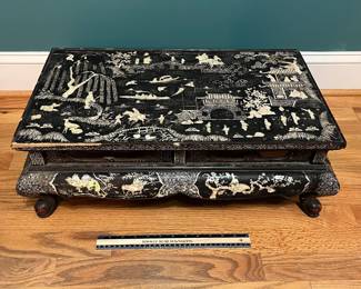 O124 - $850. Antique Kang Table. (Possibly Late Ming-early Qing Dynasty. 17th - 18th Century) Mother of Pearl Inlaid Black Lacquer Low Table. Measures 25" W x 14.5" D x 8.5" Tall.