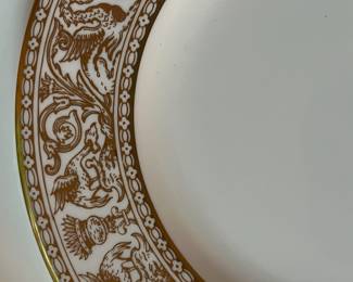 O129 - $400. Set of Wedgwood Gold "Florentine" China. 12 - 10.75" Plates, 11 - 8.25" Salad Plates, 2 - 8" Soup Bowls, 9 - 6" Bread Desert Plates, 7 - 6" Saucers, 9 - Tea Cups, 1 - 17.5" x 13.5" Oval Serving Platter.