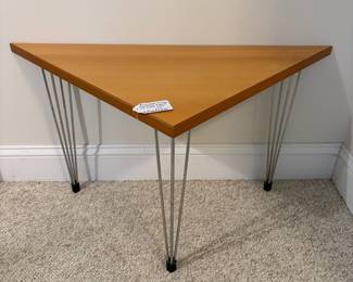 O140 - $150. Postmodern Pin Age Triangle Table. Measures 23.5" W x 23.5" D x 17.25" Tall.